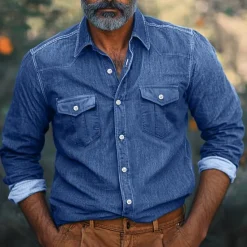 Best OUKU Men's Shirt Chambray Shirt Calico Shirt Casual Shirt Button Up Shirt Denim Shirt Black Navy Blue Blue Light Blue Long Sleeve Plain Collar Vacation Daily Clothing Apparel Fashion Casual