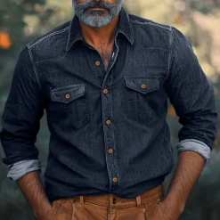 Best OUKU Men's Shirt Chambray Shirt Calico Shirt Casual Shirt Button Up Shirt Denim Shirt Black Navy Blue Blue Light Blue Long Sleeve Plain Collar Vacation Daily Clothing Apparel Fashion Casual