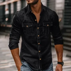 Sale OUKU Men's Shirt Chambray Shirt Calico Shirt Button Up Shirt Casual Shirt Denim Shirt Denim Blue Black Dark Navy Blue Long Sleeve Plain Collar Daily Vacation Clothing Apparel Cotton Fashion Casual
