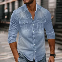 Sale OUKU Men's Shirt Chambray Shirt Calico Shirt Button Up Shirt Casual Shirt Denim Shirt Denim Blue Black Dark Navy Blue Long Sleeve Plain Collar Daily Vacation Clothing Apparel Cotton Fashion Casual