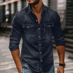 Sale OUKU Men's Shirt Chambray Shirt Calico Shirt Button Up Shirt Casual Shirt Denim Shirt Denim Blue Black Dark Navy Blue Long Sleeve Plain Collar Daily Vacation Clothing Apparel Cotton Fashion Casual