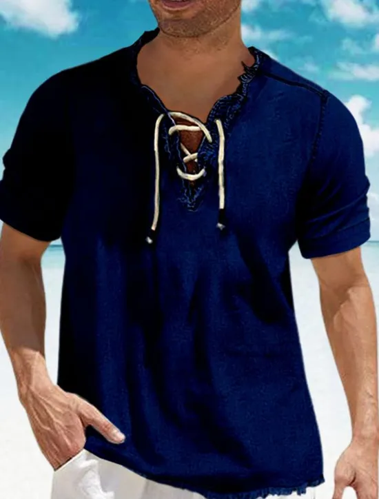 Best OUKU Men's Shirt Chambray Shirt Calico Shirt Summer Shirt Beach Wear Casual Shirt Navy Blue Blue Light Blue Short Sleeve Plain Denim V Neck Daily Vacation Drawstring Clothing Apparel Cotton Blend Fashion