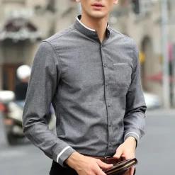 Discount OUKU Men's Shirt Chinese Collar Shirt Mandarin Collar Shirt Dress Shirt Button Up Shirt Plain Wedding Party Pink Blue Sky Blue Dark Gray Long Sleeve Grandad Collar Spring & Fall Clothing Apparel Patchwork