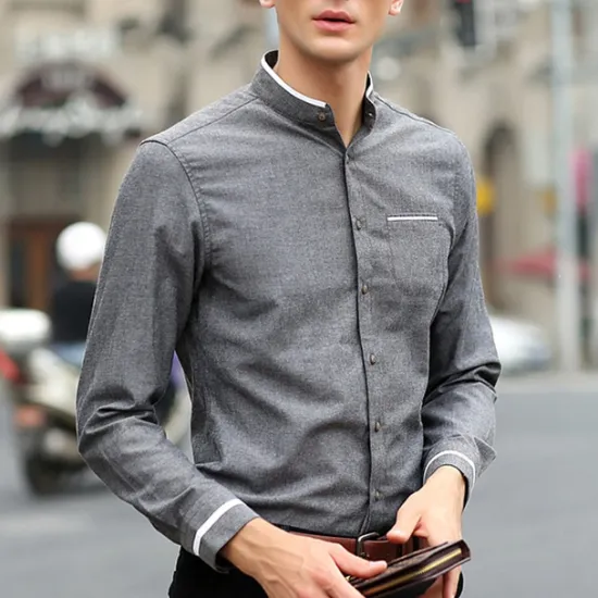 Discount OUKU Men's Shirt Chinese Collar Shirt Mandarin Collar Shirt Dress Shirt Button Up Shirt Plain Wedding Party Pink Blue Sky Blue Dark Gray Long Sleeve Grandad Collar Spring & Fall Clothing Apparel Patchwork