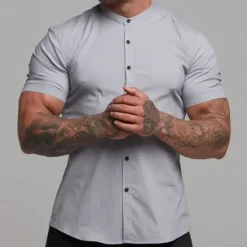 New OUKU Men's Shirt Chinese Collar Shirt Mandarin Collar Shirt Summer Shirt Casual Shirt Beach Shirt Black White Navy Blue Gray Short Sleeve Plain Grandad Collar Band Collar Vacation Hawaiian Clothing Apparel