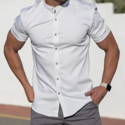 New OUKU Men's Shirt Chinese Collar Shirt Mandarin Collar Shirt Summer Shirt Casual Shirt Beach Shirt Black White Navy Blue Gray Short Sleeve Plain Grandad Collar Band Collar Vacation Hawaiian Clothing Apparel
