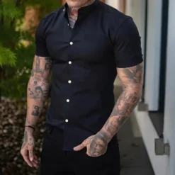 New OUKU Men's Shirt Chinese Collar Shirt Mandarin Collar Shirt Summer Shirt Casual Shirt Beach Shirt Black White Navy Blue Gray Short Sleeve Plain Grandad Collar Band Collar Vacation Hawaiian Clothing Apparel