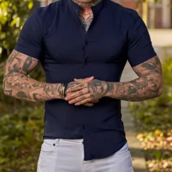 New OUKU Men's Shirt Chinese Collar Shirt Mandarin Collar Shirt Summer Shirt Casual Shirt Beach Shirt Black White Navy Blue Gray Short Sleeve Plain Grandad Collar Band Collar Vacation Hawaiian Clothing Apparel