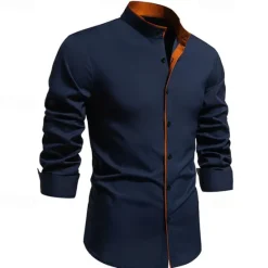 New OUKU Men's Shirt Chinese Collar Shirt Mandarin Collar Shirt Dress Shirt Button Up Shirt Color Block Wedding Daily Black White Dark Navy Army Green Long Sleeve Grandad Collar Spring & Fall Clothing Apparel