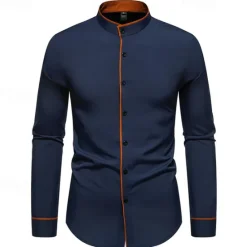 New OUKU Men's Shirt Chinese Collar Shirt Mandarin Collar Shirt Dress Shirt Button Up Shirt Color Block Wedding Daily Black White Dark Navy Army Green Long Sleeve Grandad Collar Spring & Fall Clothing Apparel