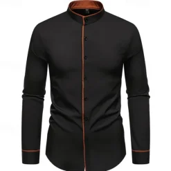 New OUKU Men's Shirt Chinese Collar Shirt Mandarin Collar Shirt Dress Shirt Button Up Shirt Color Block Wedding Daily Black White Dark Navy Army Green Long Sleeve Grandad Collar Spring & Fall Clothing Apparel