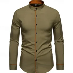 New OUKU Men's Shirt Chinese Collar Shirt Mandarin Collar Shirt Dress Shirt Button Up Shirt Color Block Wedding Daily Black White Dark Navy Army Green Long Sleeve Grandad Collar Spring & Fall Clothing Apparel