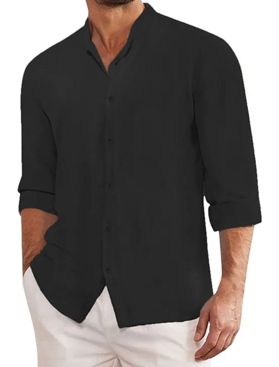 Outlet OUKU Men's Shirt Chinese Collar Shirt Mandarin Collar Shirt Summer Shirt Casual Shirt Beach Shirt Plain Vacation Hawaiian Black Blue Khaki Gray Long Sleeve Stand Collar Spring & Summer Clothing Apparel