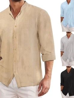 Outlet OUKU Men's Shirt Chinese Collar Shirt Mandarin Collar Shirt Summer Shirt Casual Shirt Beach Shirt Plain Vacation Hawaiian Black Blue Khaki Gray Long Sleeve Stand Collar Spring & Summer Clothing Apparel