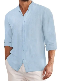 Outlet OUKU Men's Shirt Chinese Collar Shirt Mandarin Collar Shirt Summer Shirt Casual Shirt Beach Shirt Plain Vacation Hawaiian Black Blue Khaki Gray Long Sleeve Stand Collar Spring & Summer Clothing Apparel