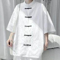 Sale OUKU Men's Shirt Chinese Collar Shirt Mandarin Collar Shirt Summer Shirt Casual Shirt Beach Shirt Black White Short Sleeve Plain Mandarin Collar Vacation Holiday Embroidered Clothing Apparel Polyester