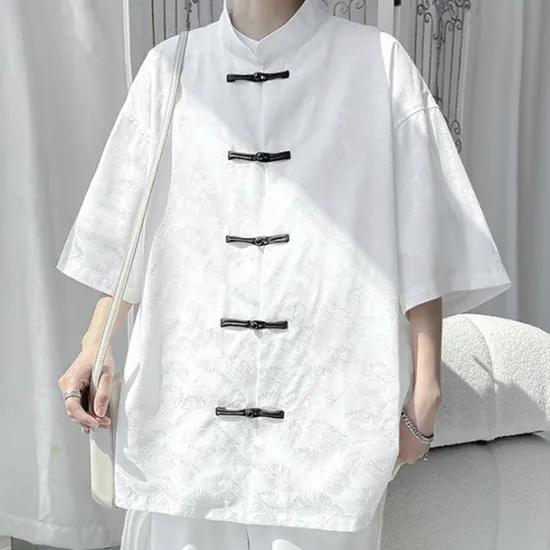 Sale OUKU Men's Shirt Chinese Collar Shirt Mandarin Collar Shirt Summer Shirt Casual Shirt Beach Shirt Black White Short Sleeve Plain Mandarin Collar Vacation Holiday Embroidered Clothing Apparel Polyester