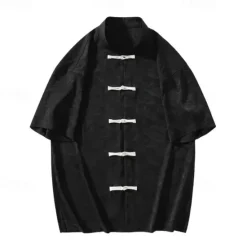 Sale OUKU Men's Shirt Chinese Collar Shirt Mandarin Collar Shirt Summer Shirt Casual Shirt Beach Shirt Black White Short Sleeve Plain Mandarin Collar Vacation Holiday Embroidered Clothing Apparel Polyester
