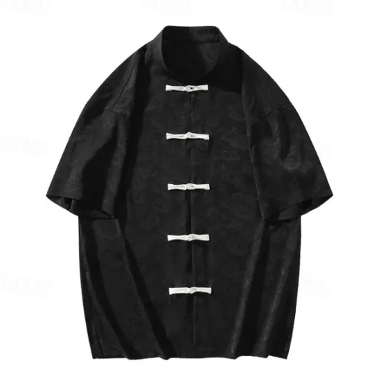Sale OUKU Men's Shirt Chinese Collar Shirt Mandarin Collar Shirt Summer Shirt Casual Shirt Beach Shirt Black White Short Sleeve Plain Mandarin Collar Vacation Holiday Embroidered Clothing Apparel Polyester