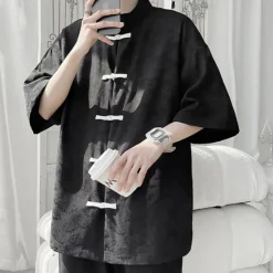 Sale OUKU Men's Shirt Chinese Collar Shirt Mandarin Collar Shirt Summer Shirt Casual Shirt Beach Shirt Black White Short Sleeve Plain Mandarin Collar Vacation Holiday Embroidered Clothing Apparel Polyester