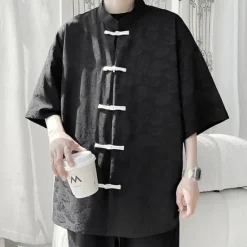 Sale OUKU Men's Shirt Chinese Collar Shirt Mandarin Collar Shirt Summer Shirt Casual Shirt Beach Shirt Black White Short Sleeve Plain Mandarin Collar Vacation Holiday Embroidered Clothing Apparel Polyester