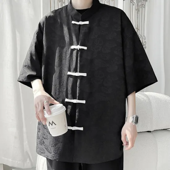 Sale OUKU Men's Shirt Chinese Collar Shirt Mandarin Collar Shirt Summer Shirt Casual Shirt Beach Shirt Black White Short Sleeve Plain Mandarin Collar Vacation Holiday Embroidered Clothing Apparel Polyester