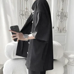 Sale OUKU Men's Shirt Chinese Collar Shirt Mandarin Collar Shirt Summer Shirt Casual Shirt Beach Shirt Black White Short Sleeve Plain Mandarin Collar Vacation Holiday Embroidered Clothing Apparel Polyester