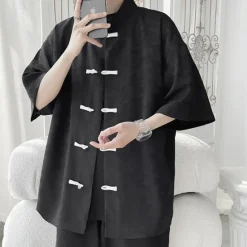 Sale OUKU Men's Shirt Chinese Collar Shirt Mandarin Collar Shirt Summer Shirt Casual Shirt Beach Shirt Black White Short Sleeve Plain Mandarin Collar Vacation Holiday Embroidered Clothing Apparel Polyester