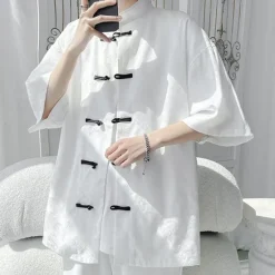 Sale OUKU Men's Shirt Chinese Collar Shirt Mandarin Collar Shirt Summer Shirt Casual Shirt Beach Shirt Black White Short Sleeve Plain Mandarin Collar Vacation Holiday Embroidered Clothing Apparel Polyester
