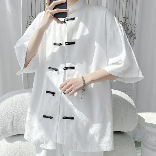 Sale OUKU Men's Shirt Chinese Collar Shirt Mandarin Collar Shirt Summer Shirt Casual Shirt Beach Shirt Black White Short Sleeve Plain Mandarin Collar Vacation Holiday Embroidered Clothing Apparel Polyester