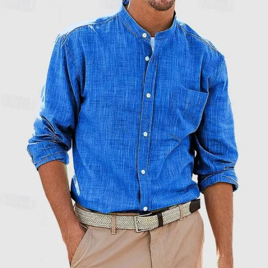 OUKU Men's Shirt Chinese Collar Shirt Mandarin Collar Shirt Summer Shirt Casual Shirt Beach Shirt White Red Navy Blue Blue Long Sleeve Plain Band Collar Vacation Hawaiian Pocket Clothing Apparel Polyester