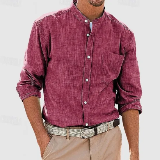 OUKU Men's Shirt Chinese Collar Shirt Mandarin Collar Shirt Summer Shirt Casual Shirt Beach Shirt White Red Navy Blue Blue Long Sleeve Plain Band Collar Vacation Hawaiian Pocket Clothing Apparel Polyester
