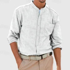 OUKU Men's Shirt Chinese Collar Shirt Mandarin Collar Shirt Summer Shirt Casual Shirt Beach Shirt White Red Navy Blue Blue Long Sleeve Plain Band Collar Vacation Hawaiian Pocket Clothing Apparel Polyester