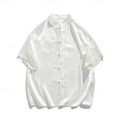 Hot OUKU Men's Shirt Chinese Collar Shirt Mandarin Collar Shirt Summer Shirt Casual Shirt Button Up Shirt Black White Short Sleeve Plain Mandarin Collar Vacation Holiday Clothing Apparel Polyester Fashion