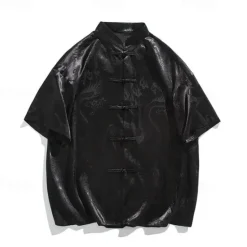 Hot OUKU Men's Shirt Chinese Collar Shirt Mandarin Collar Shirt Summer Shirt Casual Shirt Button Up Shirt Black White Short Sleeve Plain Mandarin Collar Vacation Holiday Clothing Apparel Polyester Fashion