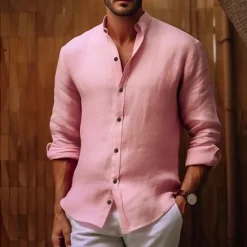 Online OUKU Men's Shirt Chinese Collar Shirt Mandarin Collar Shirt Casual Shirt Button Up Shirt Cotton Shirt Plain Vacation Hawaiian Black White Pink Navy Blue Long Sleeve Grandad Collar Spring & Fall Clothing