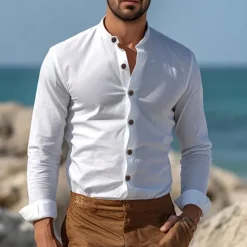 Online OUKU Men's Shirt Chinese Collar Shirt Mandarin Collar Shirt Casual Shirt Button Up Shirt Cotton Shirt Plain Vacation Hawaiian Black White Pink Navy Blue Long Sleeve Grandad Collar Spring & Fall Clothing