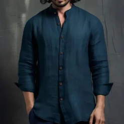 Online OUKU Men's Shirt Chinese Collar Shirt Mandarin Collar Shirt Casual Shirt Button Up Shirt Cotton Shirt Plain Vacation Hawaiian Black White Pink Navy Blue Long Sleeve Grandad Collar Spring & Fall Clothing