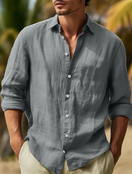Hot OUKU Men's Shirt Cotton Linen Shirt Summer Shirt Beach Wear Button Up Shirt Plain Vacation Curise Black White Pink Navy Blue Long Sleeve Lapel Spring & Summer Clothing Apparel