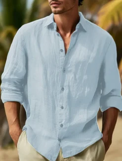 Hot OUKU Men's Shirt Cotton Linen Shirt Summer Shirt Beach Wear Button Up Shirt Plain Vacation Curise Black White Pink Navy Blue Long Sleeve Lapel Spring & Summer Clothing Apparel