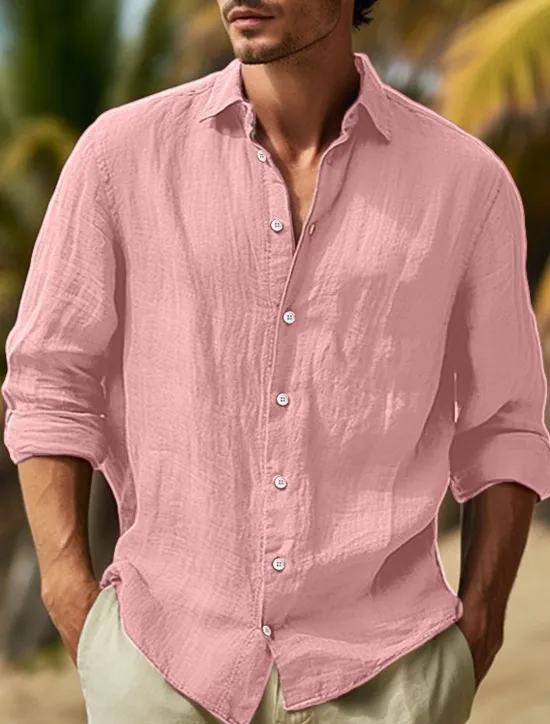 Hot OUKU Men's Shirt Cotton Linen Shirt Summer Shirt Beach Wear Button Up Shirt Plain Vacation Curise Black White Pink Navy Blue Long Sleeve Lapel Spring & Summer Clothing Apparel