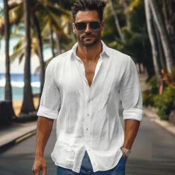 New OUKU Men's Shirt Cotton Linen Shirt White Blue Long Sleeve Solid Color Turndown Summer Spring & Fall Sports & Outdoor Causal Clothing Apparel Button