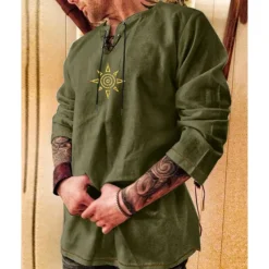 Best OUKU Men's Shirt Cotton Linen Shirt Casual Shirt Sun Party / Evening Masquerade Black Blue Khaki Army Green Long Sleeve Crew Neck Spring & Fall Clothing Apparel Lace up