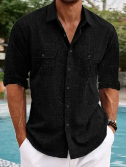 Online OUKU Men's Shirt Cotton Linen Shirt Summer Shirt Beach Wear Casual Shirt Button Up Shirt Plain Vacation Casual Black White Blue Long Sleeve Lapel Spring & Summer Clothing Apparel Pocket