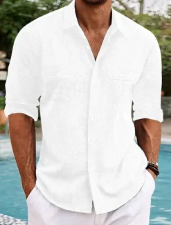 Online OUKU Men's Shirt Cotton Linen Shirt Summer Shirt Beach Wear Casual Shirt Button Up Shirt Plain Vacation Casual Black White Blue Long Sleeve Lapel Spring & Summer Clothing Apparel Pocket