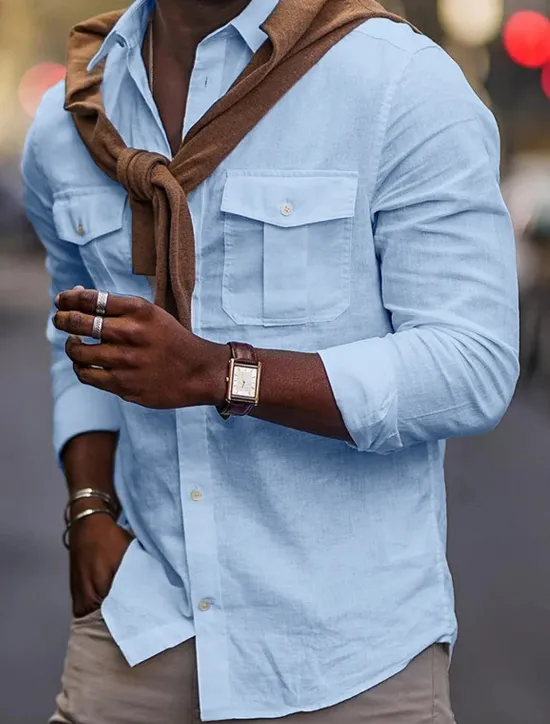 New OUKU Men's Shirt Cotton Linen Shirt White Cotton Shirt Summer Shirt Beach Shirt Plain Hawaiian Holiday Black White Blue Khaki Long Sleeve Lapel Spring & Summer Clothing Apparel Pocket