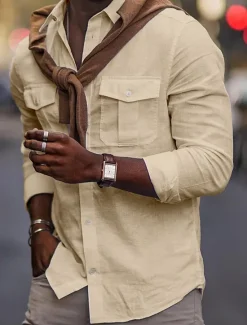 New OUKU Men's Shirt Cotton Linen Shirt White Cotton Shirt Summer Shirt Beach Shirt Plain Hawaiian Holiday Black White Blue Khaki Long Sleeve Lapel Spring & Summer Clothing Apparel Pocket