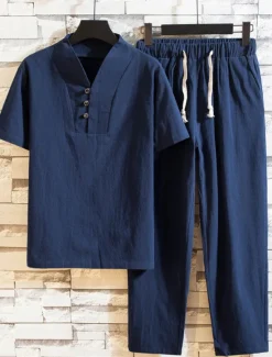Hot OUKU Men's Shirt Cotton Linen Shirt 2 Piece Shirt Set Summer Shirt Beach Shirt Plain Casual Daily Black White Khaki Short Sleeve V Neck Summer Clothing Apparel Navy Blue