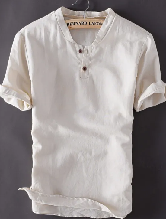 Discount OUKU Men's Shirt Cotton Linen Shirt White Cotton Shirt Summer Shirt Beach Shirt Plain Vacation Hawaiian White Blue Khaki Short Sleeve V Neck Spring & Summer Clothing Apparel Basic
