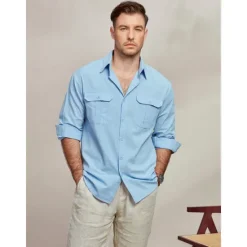 Hot OUKU Men's Shirt Cotton Linen Shirt Summer Shirt Beach Wear Casual Shirt Button Up Shirt Plain Casual Daily Long Sleeve Lapel Spring & Summer Clothing Apparel Pocket Blue
